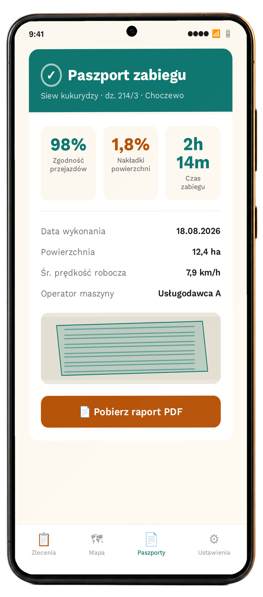 Telefon z ekranem paszportu zabiegu w aplikacji AgroServiceAI