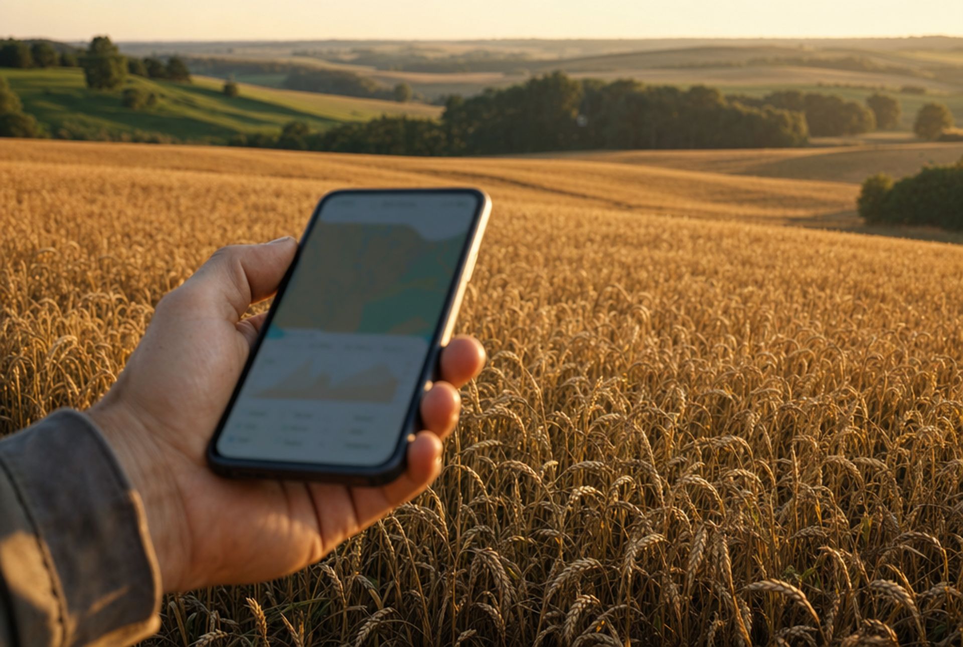 Dłoń z telefonem z aplikacją usługową na tle pola