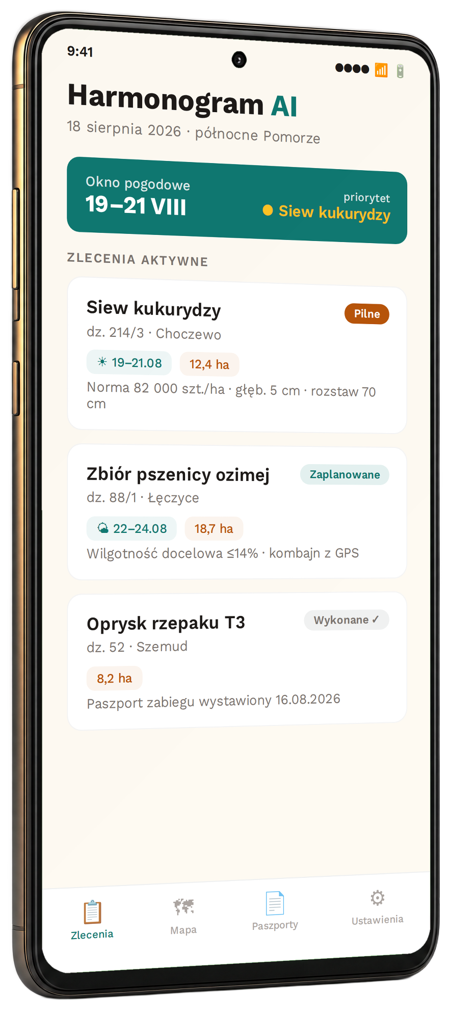 Ekran harmonogramu AI z oknem pogodowym w aplikacji AgroServiceAI