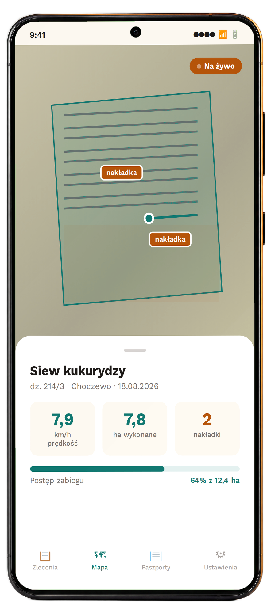 Ekran mapy zabiegu na żywo ze śladem GPS i wykrytymi nakładkami