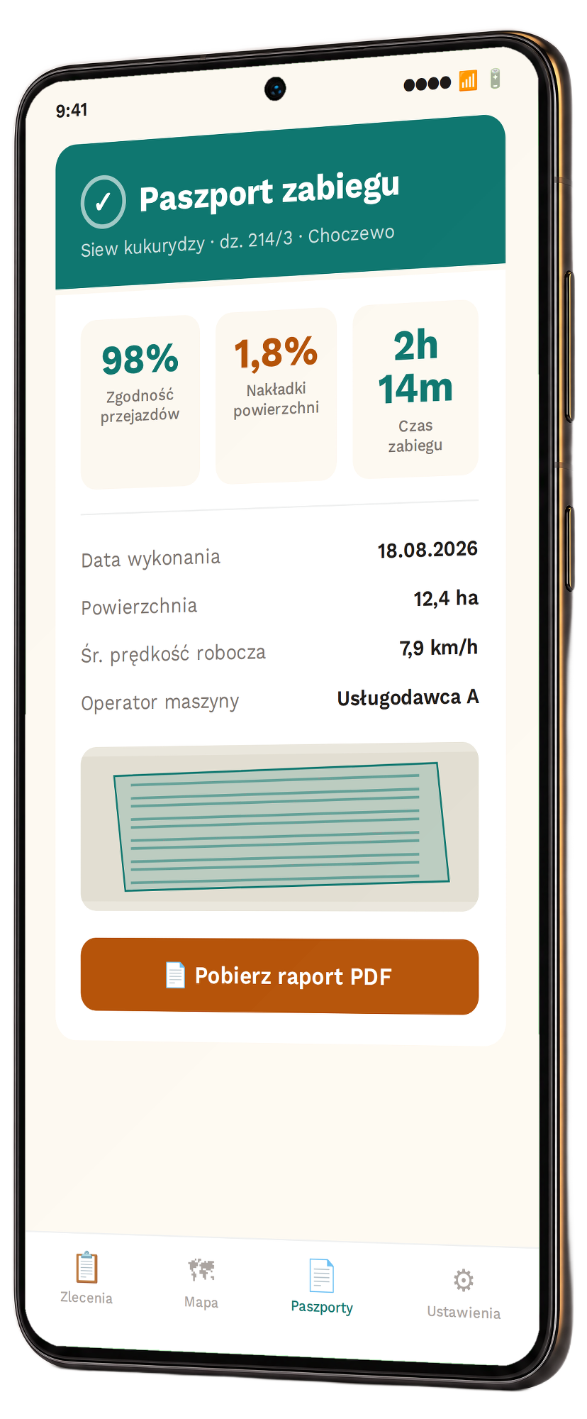 Ekran paszportu zabiegu — raport jakości wykonania usługi